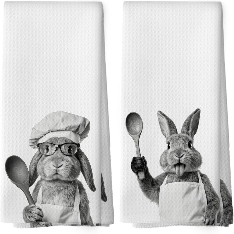 Mcehtle Funny Bunny Kitchen Towels Set of 2, Easter Kitchen Accessories, Rabbit Chef Gift Hand Towel, Gifts for Bunny Lovers Women, Dining Room Decorative Tea Towel Dish Towels 16x24 Inch - Image 1